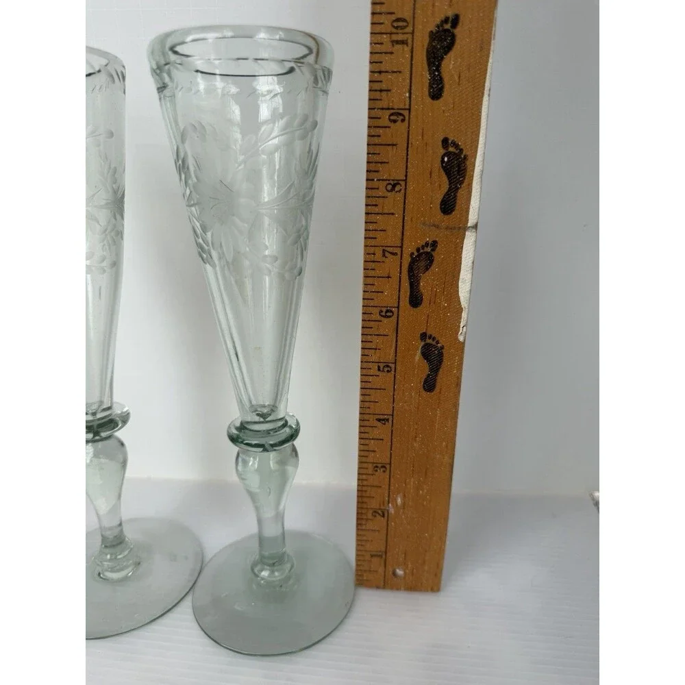 Rios Interiors Hand Blown Etched Champagne Flutes Set of 2 Floral Glass 10” Boho